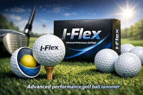 I-Flex performance golf balls shown on a golf course with packaging and a cutaway view highlighting the ionomer-based construction designed for rebound, durability, and consistent performance.