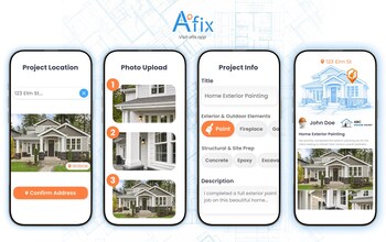 Four app screens of the A'fix web app for creating a "Pin".
