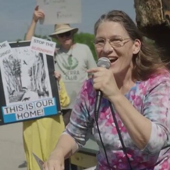 Activist Machai St. Rain spoke at a protest outside the Bedford, Indiana US Forest Service office, asking the agency to reconsider its plan for the Hoosier National Forest.